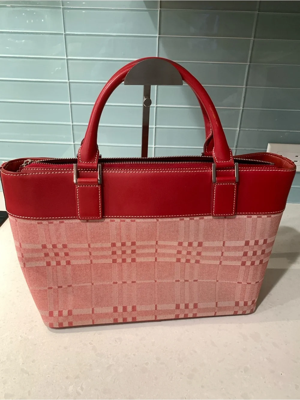 Burberry Red Denim Satchel Leather Trim Clean Interior Retail $4398 when new